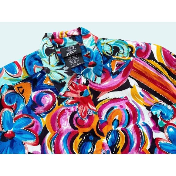 Vintage 80s 90s SASSON Abstract Floral Full Button Blouse Shirt Top Sz M - Picture 4 of 8